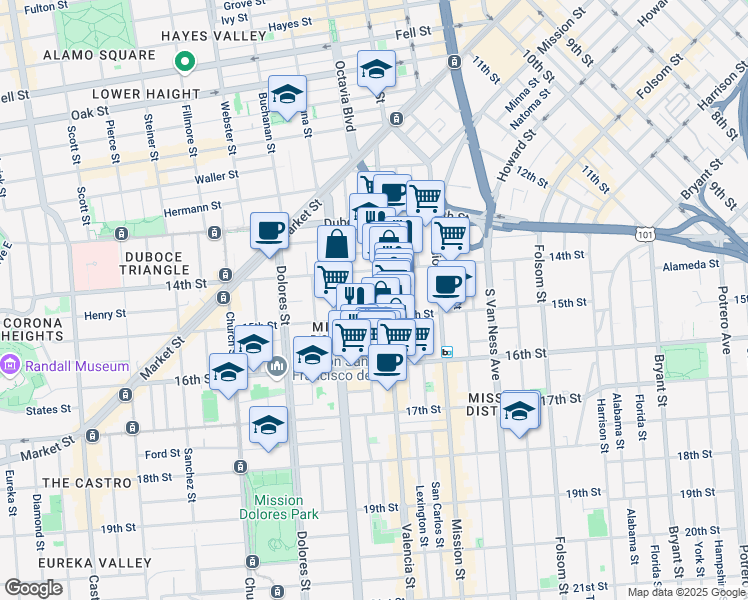 map of restaurants, bars, coffee shops, grocery stores, and more near 79 Maxwell Court in San Francisco