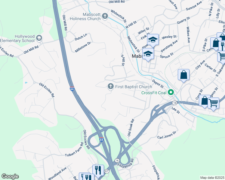 map of restaurants, bars, coffee shops, grocery stores, and more near 240 Kirk Street in Beckley