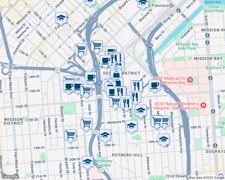 map of restaurants, bars, coffee shops, grocery stores, and more near 200 Rhode Island Street in San Francisco