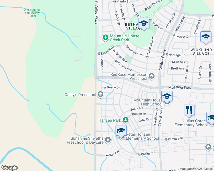 map of restaurants, bars, coffee shops, grocery stores, and more near 615 West Royce Drive in Mountain House