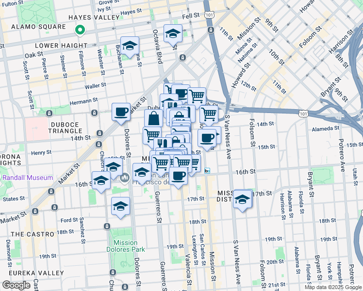 map of restaurants, bars, coffee shops, grocery stores, and more near 365 Valencia Street in San Francisco