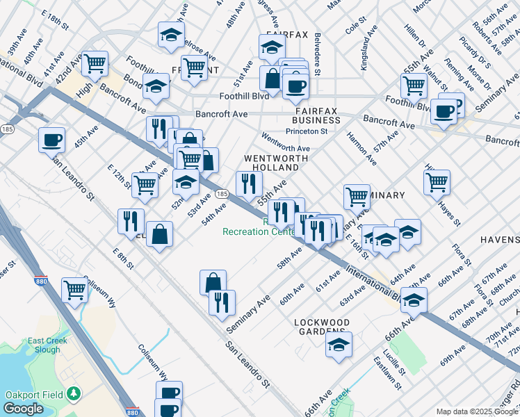 map of restaurants, bars, coffee shops, grocery stores, and more near 5500 California 185 in Oakland
