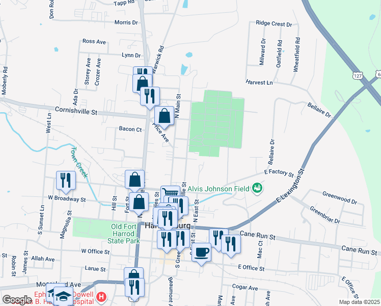 map of restaurants, bars, coffee shops, grocery stores, and more near 411 North Greenville Street in Harrodsburg