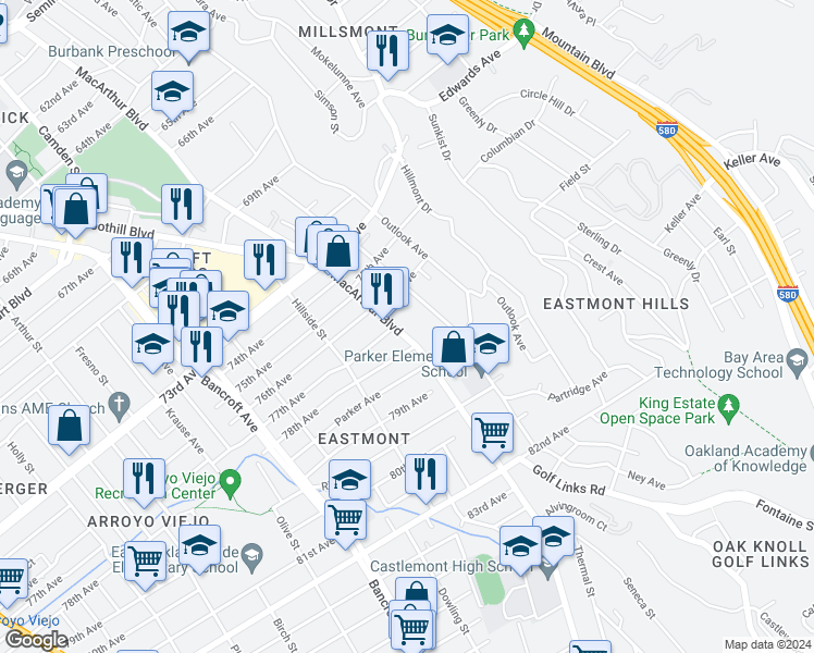 map of restaurants, bars, coffee shops, grocery stores, and more near 7708 MacArthur Boulevard in Oakland