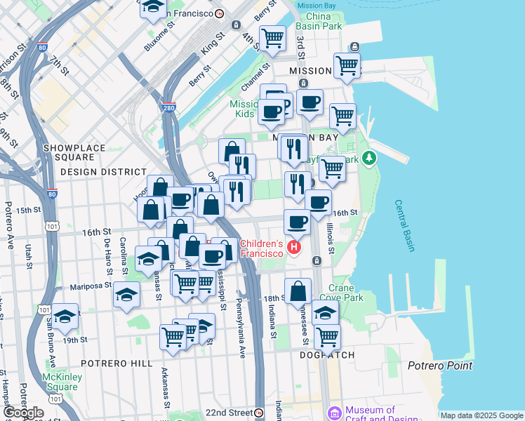 map of restaurants, bars, coffee shops, grocery stores, and more near 600 16th Street in San Francisco