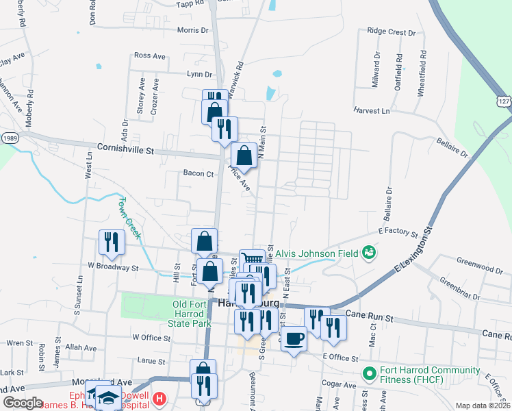 map of restaurants, bars, coffee shops, grocery stores, and more near 432 North Main Street in Harrodsburg