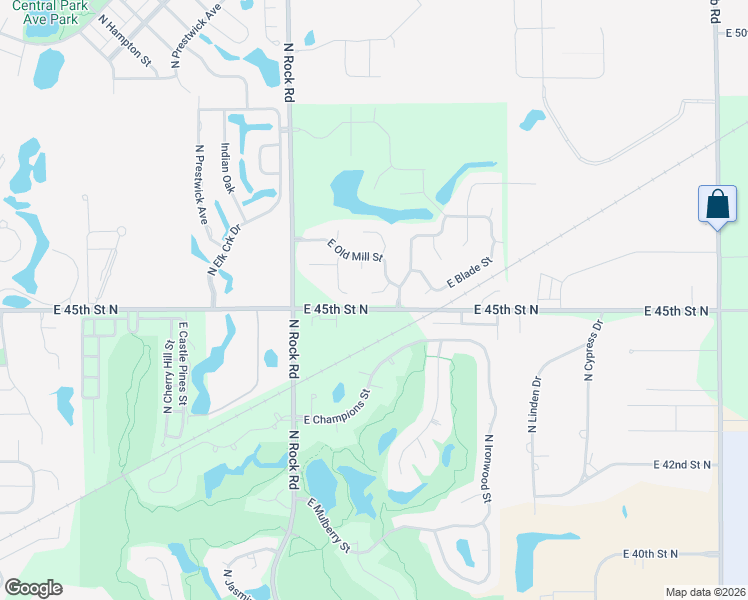 map of restaurants, bars, coffee shops, grocery stores, and more near 8000-8698 East 45th Street North in Wichita