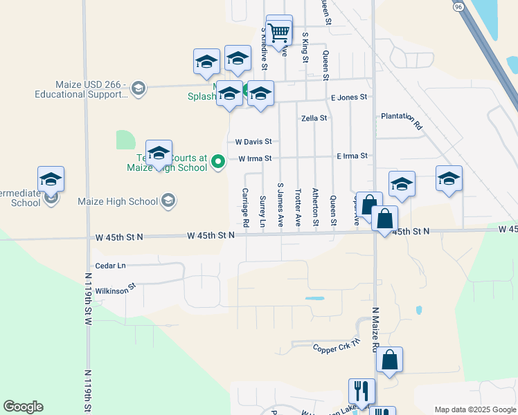 map of restaurants, bars, coffee shops, grocery stores, and more near 807 Surrey Lane in Maize
