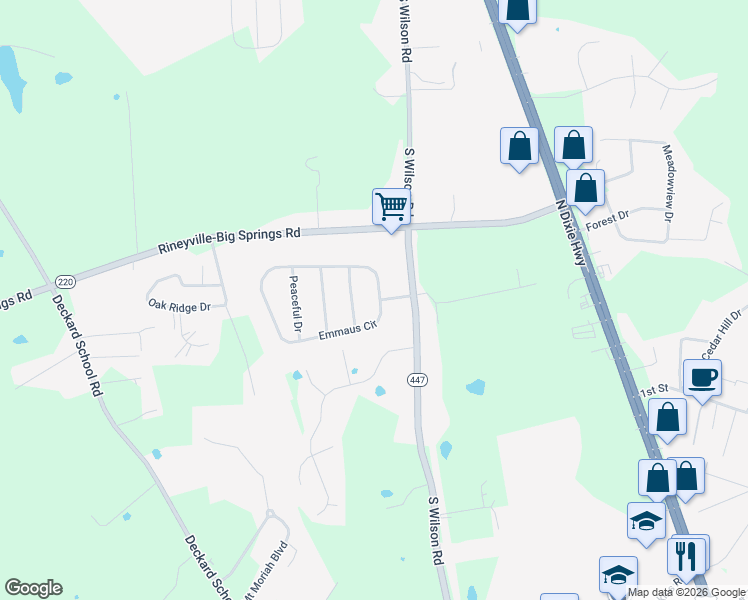 map of restaurants, bars, coffee shops, grocery stores, and more near Promise Ln in Elizabethtown