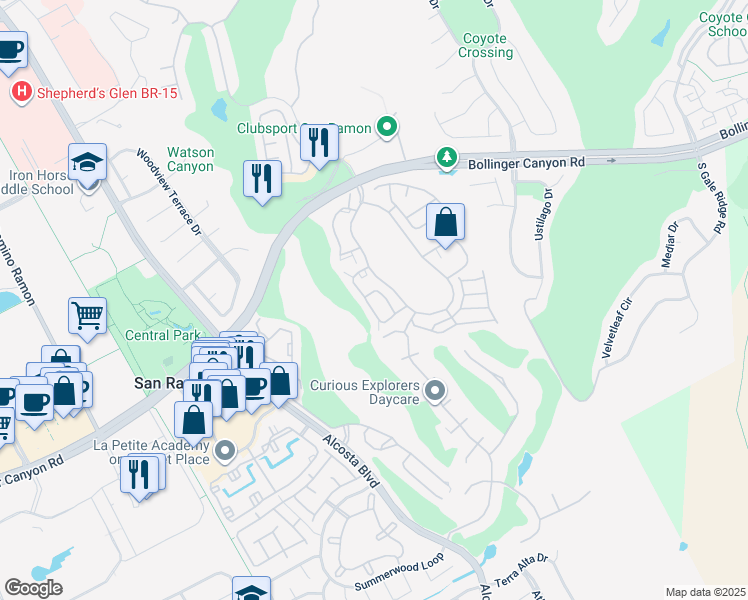 map of restaurants, bars, coffee shops, grocery stores, and more near 412 Pine Ridge Drive in San Ramon