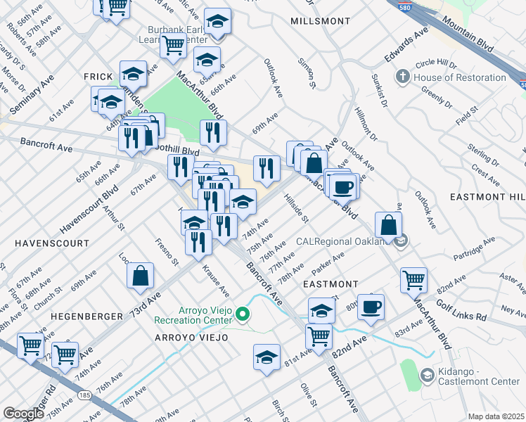 map of restaurants, bars, coffee shops, grocery stores, and more near 2622 73rd Avenue in Oakland