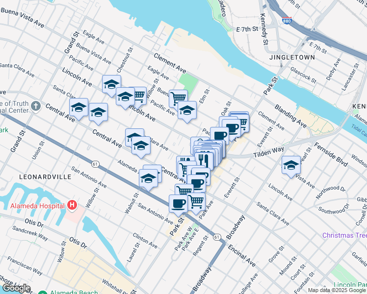 map of restaurants, bars, coffee shops, grocery stores, and more near in Alameda