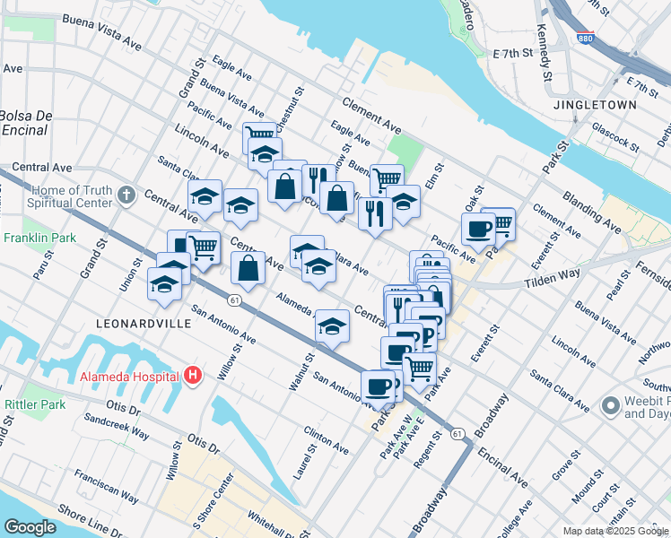 map of restaurants, bars, coffee shops, grocery stores, and more near 1419 Walnut Street in Alameda