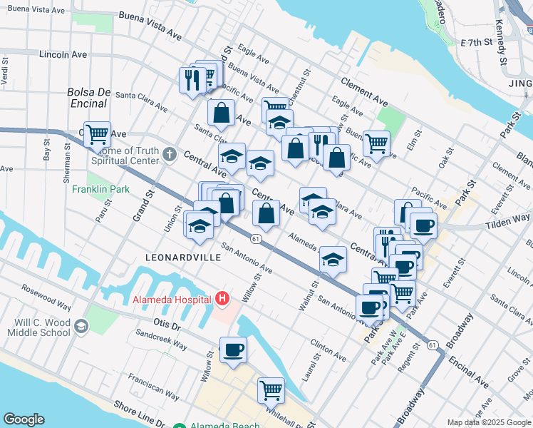 map of restaurants, bars, coffee shops, grocery stores, and more near 2041 Alameda Avenue in Alameda
