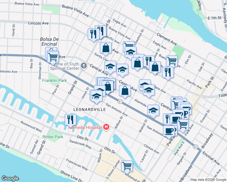 map of restaurants, bars, coffee shops, grocery stores, and more near 2016 Alameda Avenue in Alameda