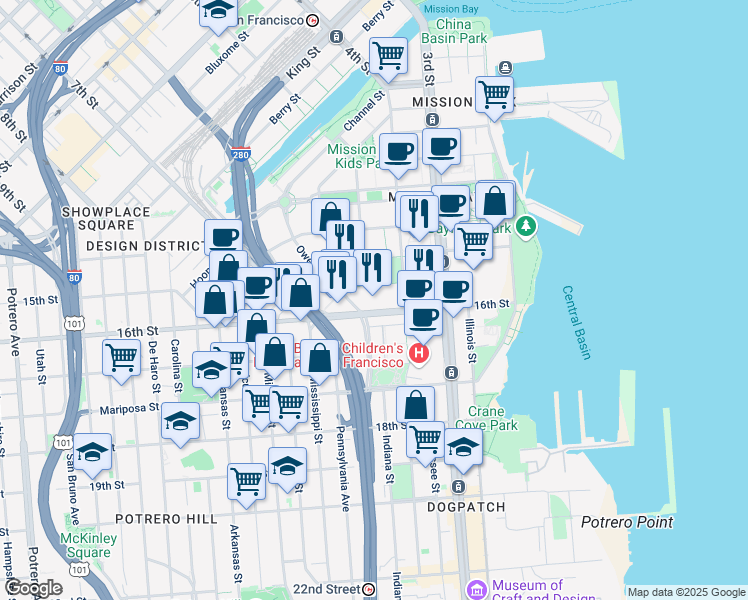 map of restaurants, bars, coffee shops, grocery stores, and more near 600 16th Street in San Francisco