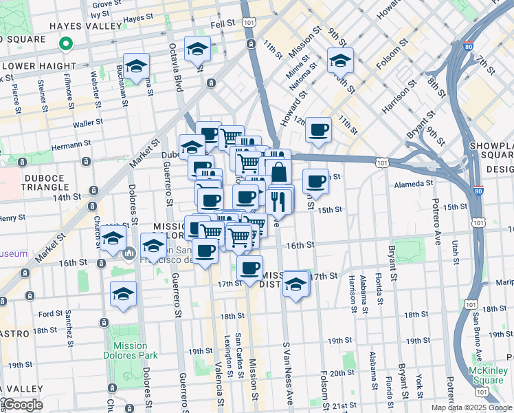 map of restaurants, bars, coffee shops, grocery stores, and more near in San Francisco