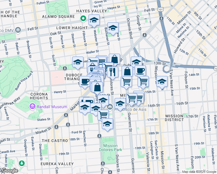 map of restaurants, bars, coffee shops, grocery stores, and more near 154 Dolores Street in San Francisco