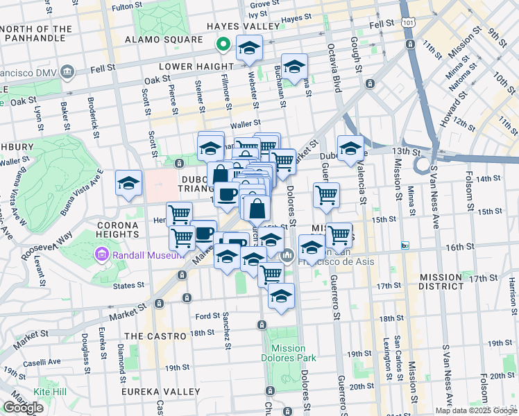 map of restaurants, bars, coffee shops, grocery stores, and more near 233 Church Street in San Francisco