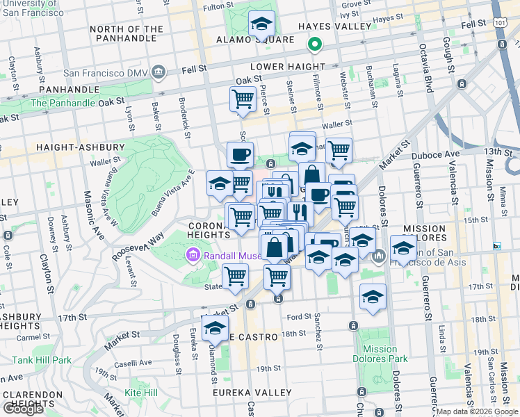 map of restaurants, bars, coffee shops, grocery stores, and more near 951 14th Street in San Francisco