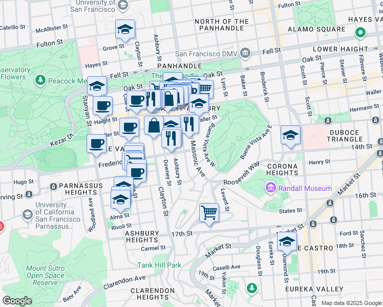 map of restaurants, bars, coffee shops, grocery stores, and more near 1421 Masonic Avenue in San Francisco