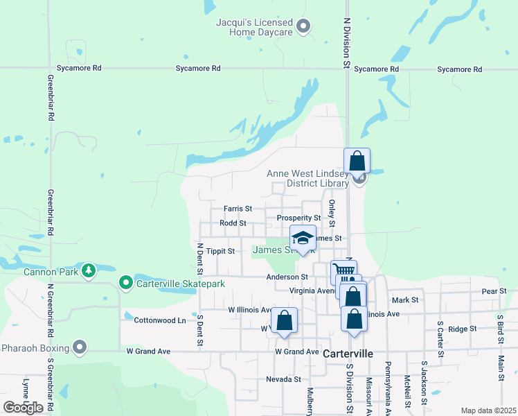 map of restaurants, bars, coffee shops, grocery stores, and more near 601-799 Farris Street in Carterville