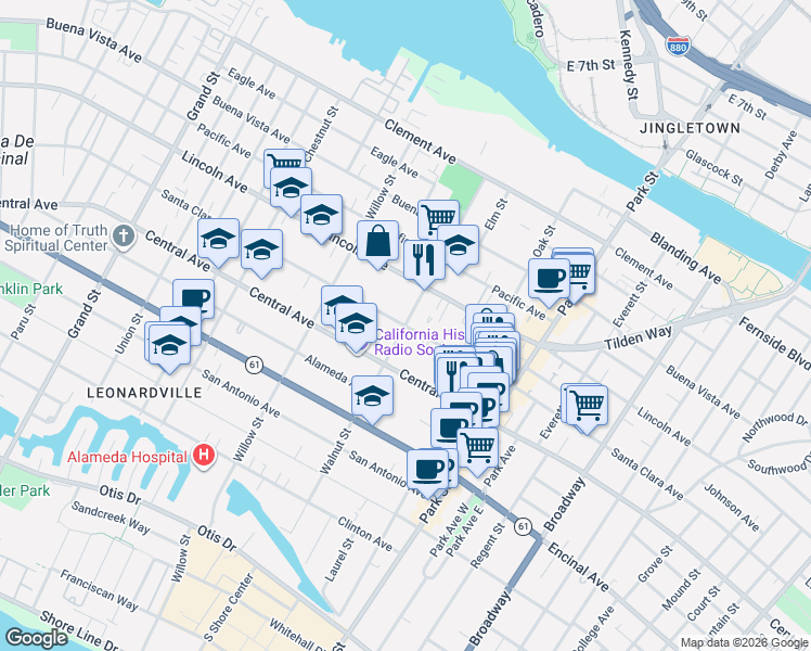map of restaurants, bars, coffee shops, grocery stores, and more near 2200 Santa Clara Avenue in Alameda