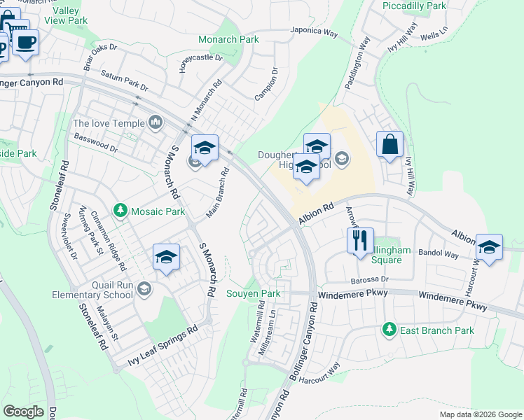 map of restaurants, bars, coffee shops, grocery stores, and more near 1110 Nancy Lane in San Ramon