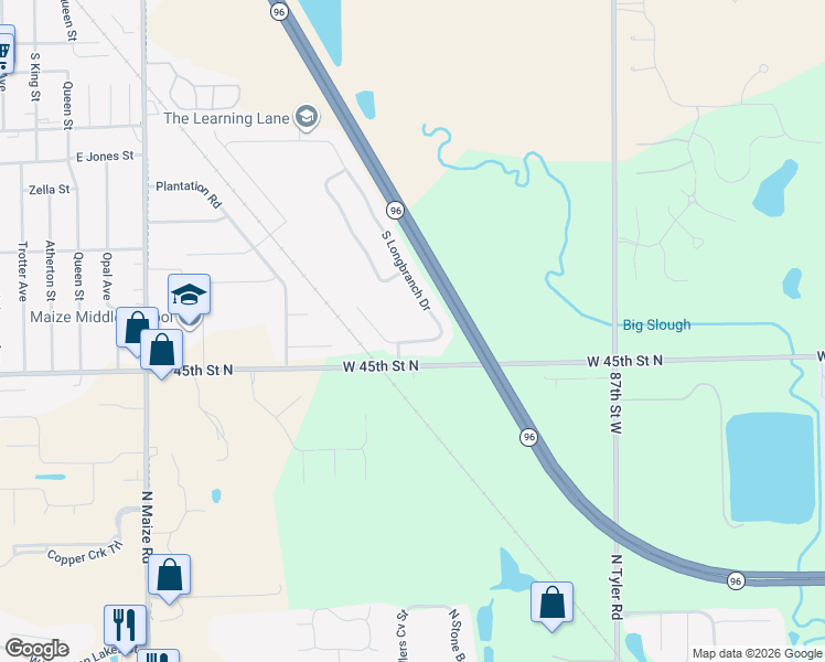 map of restaurants, bars, coffee shops, grocery stores, and more near 804 South Longbranch Drive in Maize