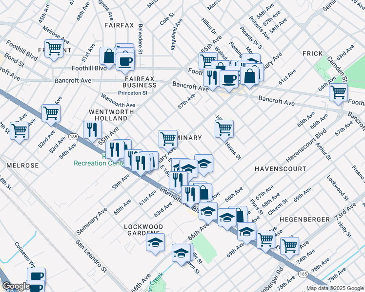 map of restaurants, bars, coffee shops, grocery stores, and more near 1904 Seminary Avenue in Oakland