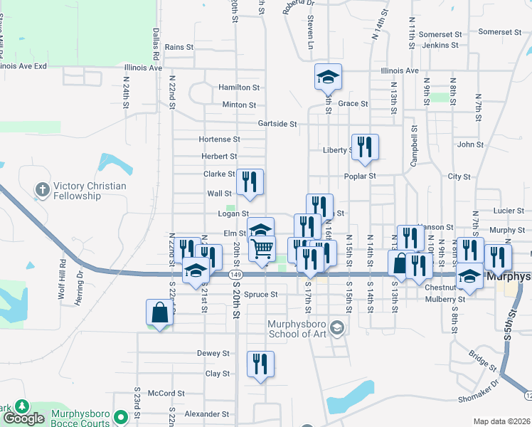 map of restaurants, bars, coffee shops, grocery stores, and more near 1899 Logan St in Murphysboro