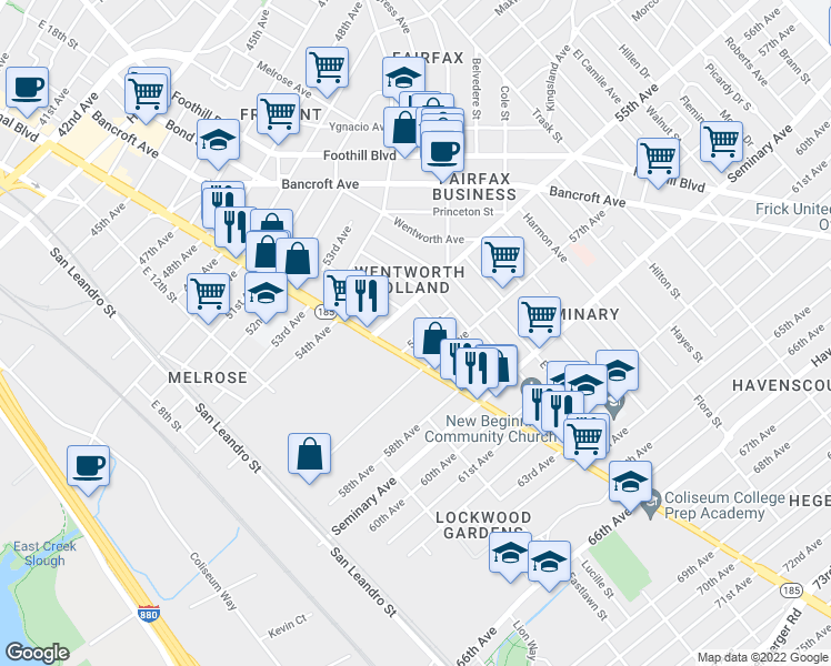 map of restaurants, bars, coffee shops, grocery stores, and more near 1433 56th Avenue in Oakland