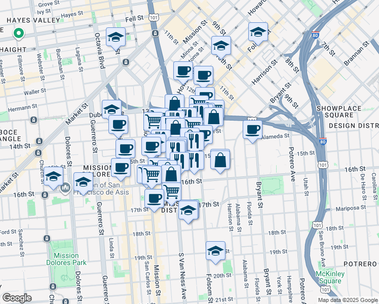 map of restaurants, bars, coffee shops, grocery stores, and more near 99 Shotwell Street in San Francisco