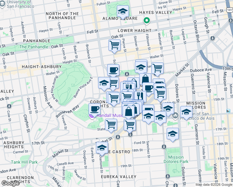 map of restaurants, bars, coffee shops, grocery stores, and more near 975A 14th Street in San Francisco