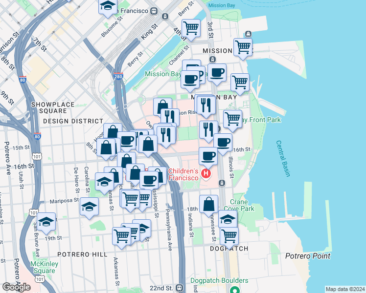 map of restaurants, bars, coffee shops, grocery stores, and more near 600 16th Street in San Francisco