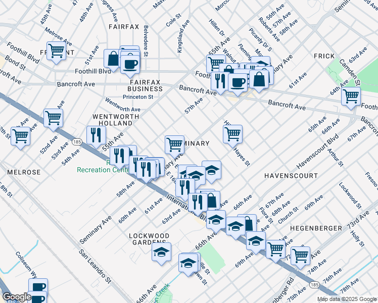 map of restaurants, bars, coffee shops, grocery stores, and more near 1908 Seminary Avenue in Oakland