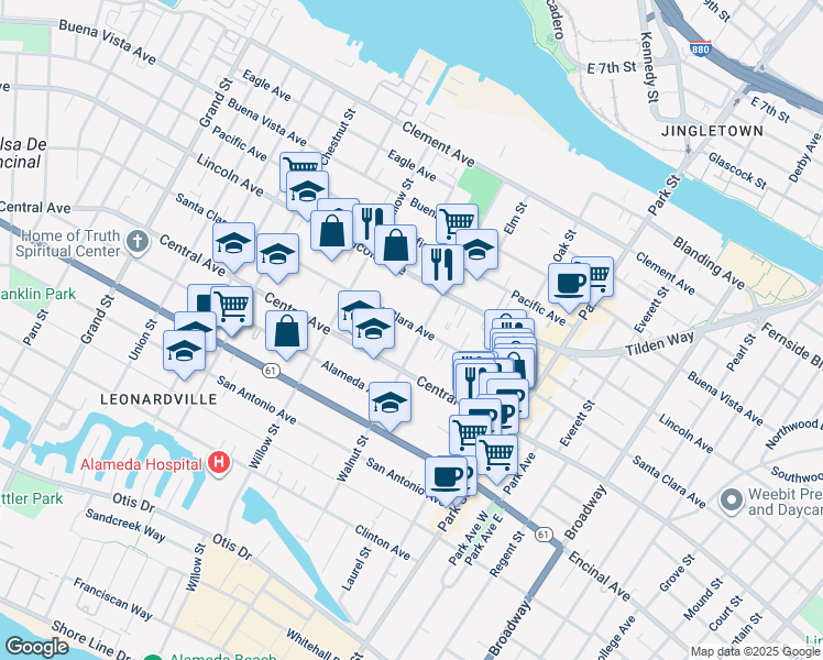 map of restaurants, bars, coffee shops, grocery stores, and more near 1419 Walnut Street in Alameda