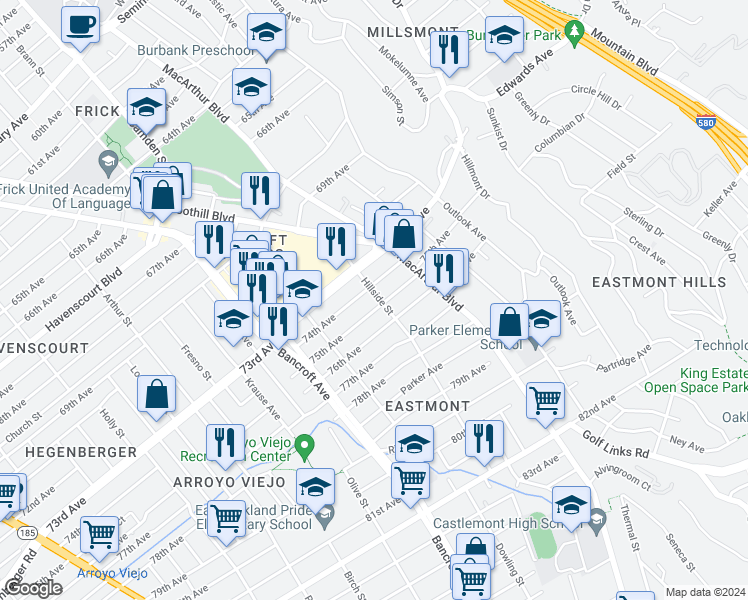 map of restaurants, bars, coffee shops, grocery stores, and more near 7419 Hillside Street in Oakland