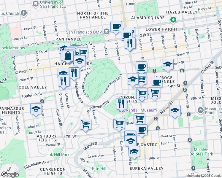 map of restaurants, bars, coffee shops, grocery stores, and more near 355 Buena Vista Avenue East in San Francisco