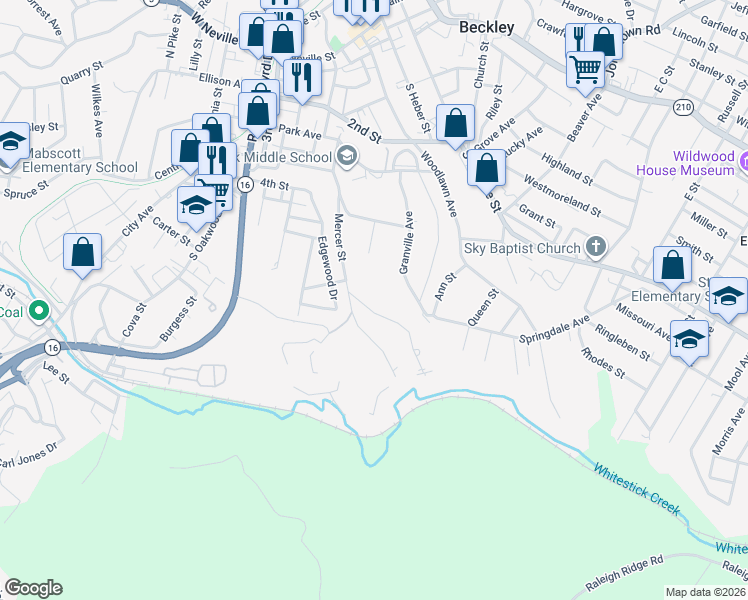 map of restaurants, bars, coffee shops, grocery stores, and more near 217 Mercer Street in Beckley