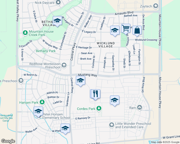 map of restaurants, bars, coffee shops, grocery stores, and more near 134 Bryant Avenue in Mountain House
