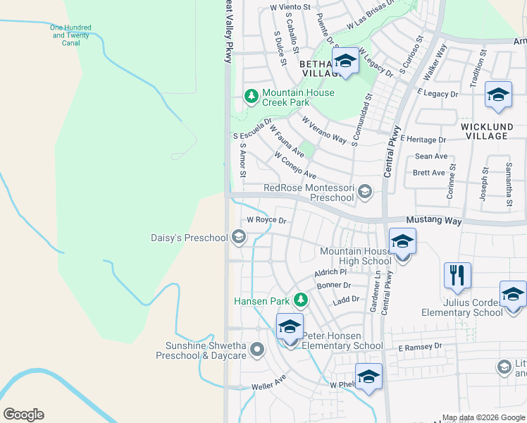 map of restaurants, bars, coffee shops, grocery stores, and more near 615 West Royce Drive in Mountain House
