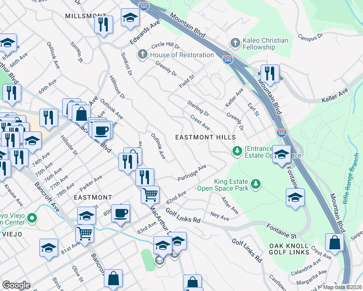 map of restaurants, bars, coffee shops, grocery stores, and more near 7918 Hillmont Drive in Oakland