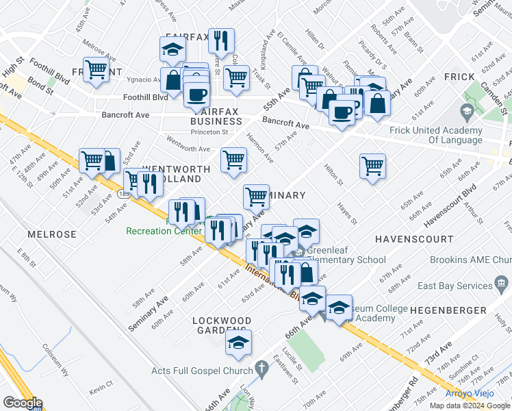 map of restaurants, bars, coffee shops, grocery stores, and more near 1705 Seminary Avenue in Oakland