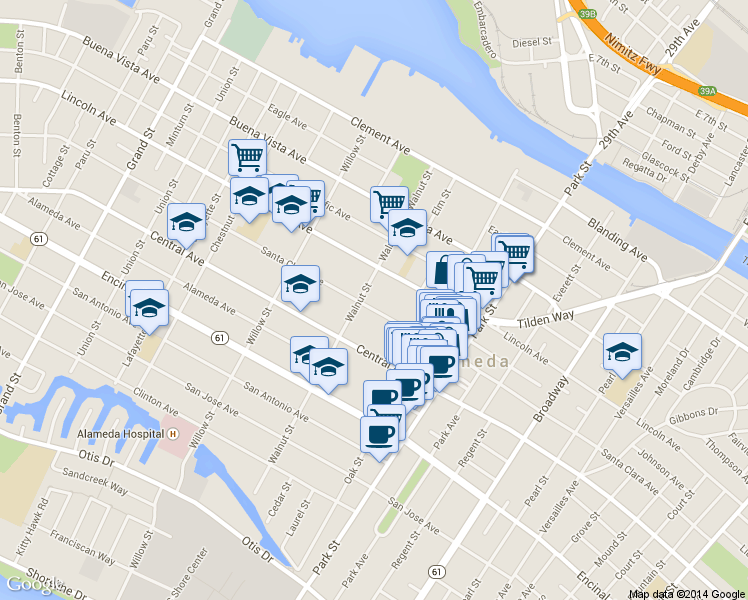 map of restaurants, bars, coffee shops, grocery stores, and more near 2229 Santa Clara Avenue in Alameda