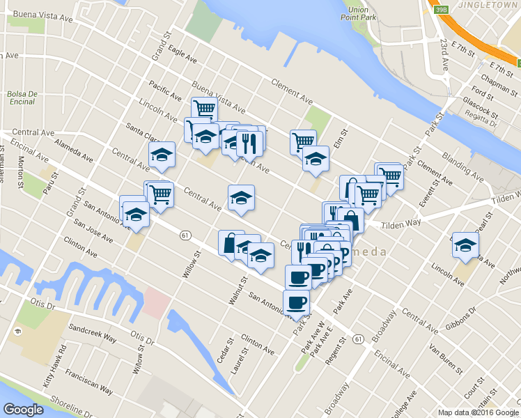map of restaurants, bars, coffee shops, grocery stores, and more near 1419 Walnut Street in Alameda