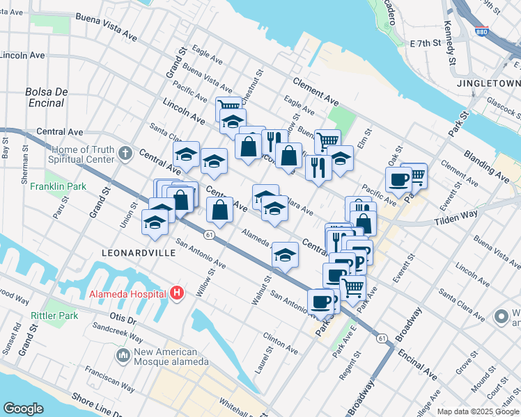 map of restaurants, bars, coffee shops, grocery stores, and more near 2133 Central Avenue in Alameda