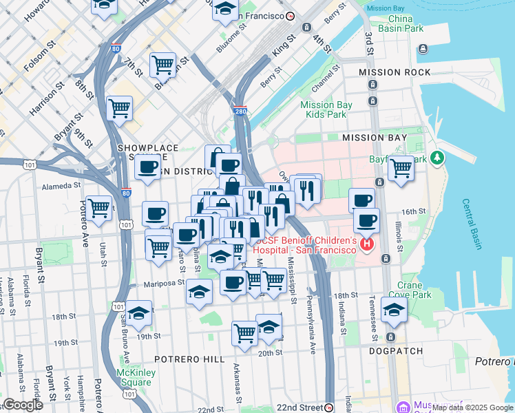 map of restaurants, bars, coffee shops, grocery stores, and more near 1050 16th Street in San Francisco