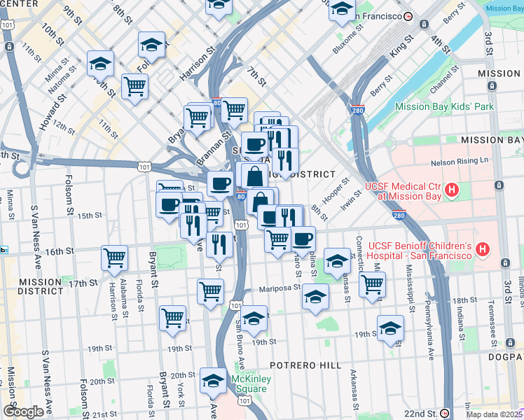 map of restaurants, bars, coffee shops, grocery stores, and more near 200 Kansas Street in San Francisco