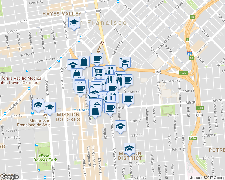 map of restaurants, bars, coffee shops, grocery stores, and more near 1500 15th Street in San Francisco